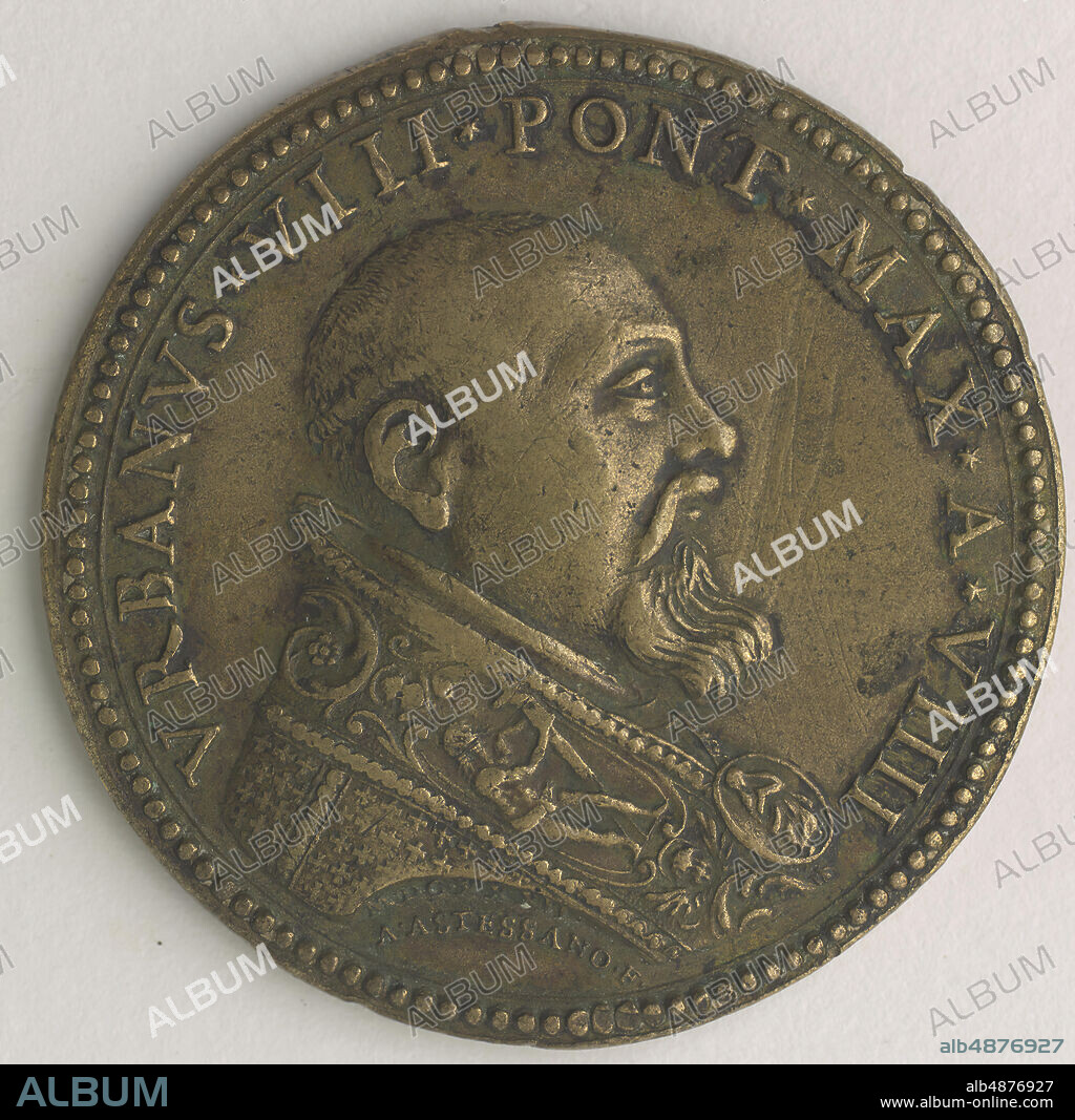 Alessandro Astesano, Urban VIII (1568-1644), Pope 1623-1644, Port of Civitavecchia, Annual Medal, 1632, gilt, bronze, 1 11/16 in. (4.3 cm.), Every year on June 29, in conjunction with the feasts of Saints Peter and Paul, the Vatican issues an annual medal celebrating what the Pope deemed to be the most significant event of the year. In 1632, during the eleventh year of his reign, Urban VIII chose to boast Rome's military and economic prowess, by highlighting the improvements to the fortifications at Civitavecchia, a naval base and a trade hub, on the celebratory medal. Though the reverse inscription claims the renovations have rendered the port complete, NVNC RE PERFECTO [It is now perfect], future papal administrations continued to fortify the port.