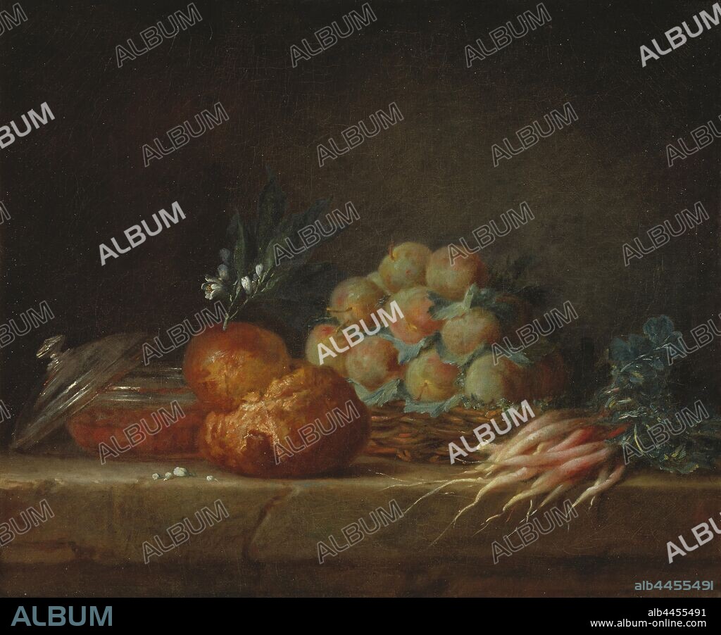 Anne Vallayer-Coster, Still Life with Brioche, Fruit and Vegetables, Still Life with brioche, fruit and vegetables, painting, still life, 1775, oil on canvas, Height, 45.5 cm (17.9 inches), Width, 55 cm, (21.6 inches), signed and dated 1775.