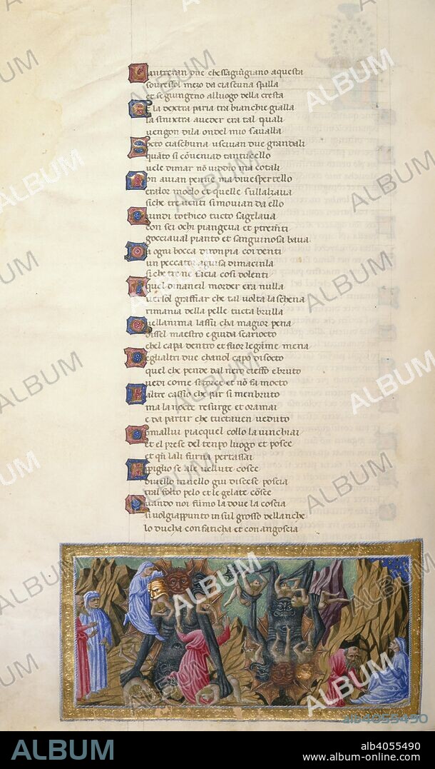 DANTE ALIGHIERI. Inferno, Canto XXXIV. Miniature shows Dante and Virgil; Dante and Virgil climb down Lucifer; traitors; Lucifer, shown upside down; Virgil emerges from the exit of Hell, Dante seated; star above. Divine Comedy. Italy [Tuscany]; 1442-1450. Source: Yates Thompson 36, f.62v. Language: Italian.