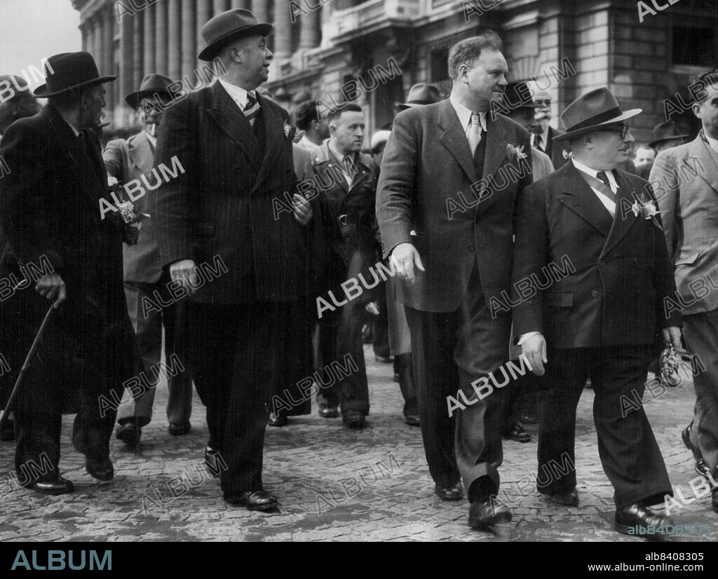Communist Stage May Day Rally in ParisFrench Communist Leaders (left to right) Marcel Cachin (head turned), Andre Marty, Maurice Thorez and Jacques Duglos, walking in the parade which marched from the Place de la republique to the Place de la Concorde for a May Day Rally in Paris, May 1. May 10, 1947. (Photo by Associated Press Photo).