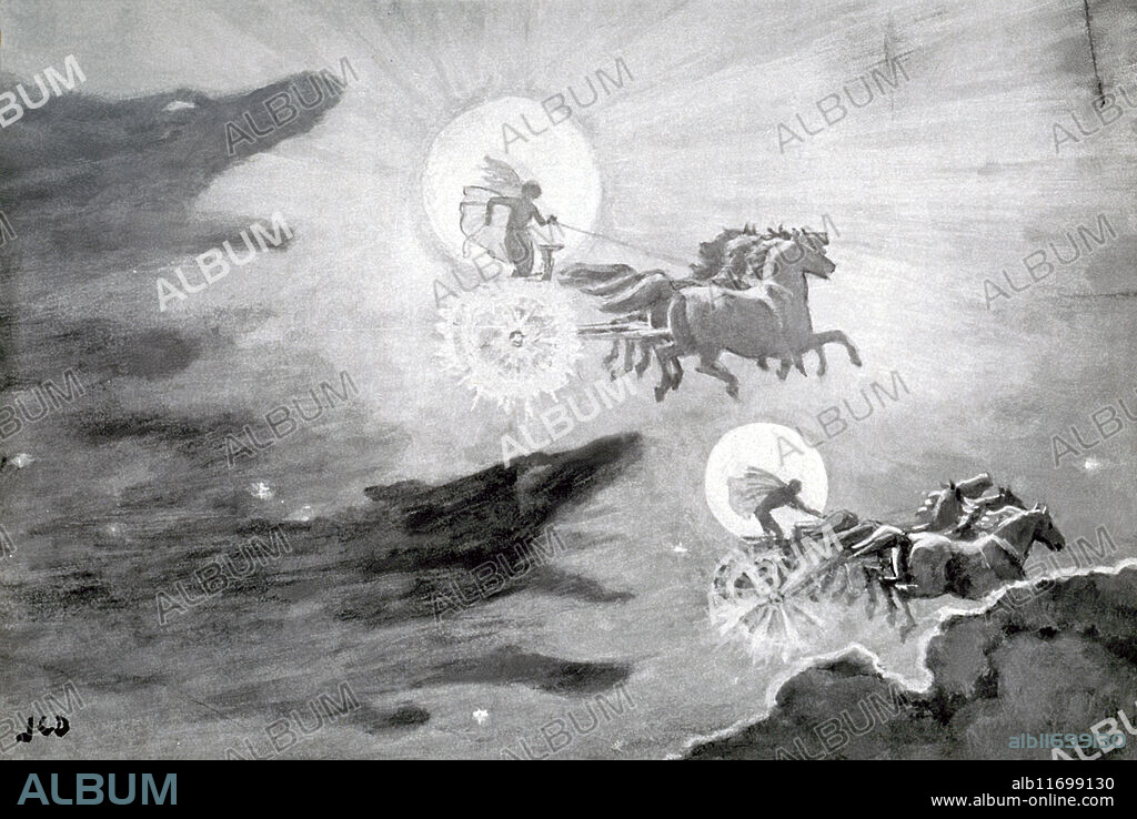 This painting titled The Wolves Pursuing Sol and Mani is by J.C. Dollman. In collection of Norse poems titled the Poetic Edda, in the poem Grimnismal, the chief god Odin says that Sol and Mani were pursued through the heavens by wolvesSkoll and Hati Hroovitnisson. According to Norse mythology, Mani was the moon; and Sol, the sun.