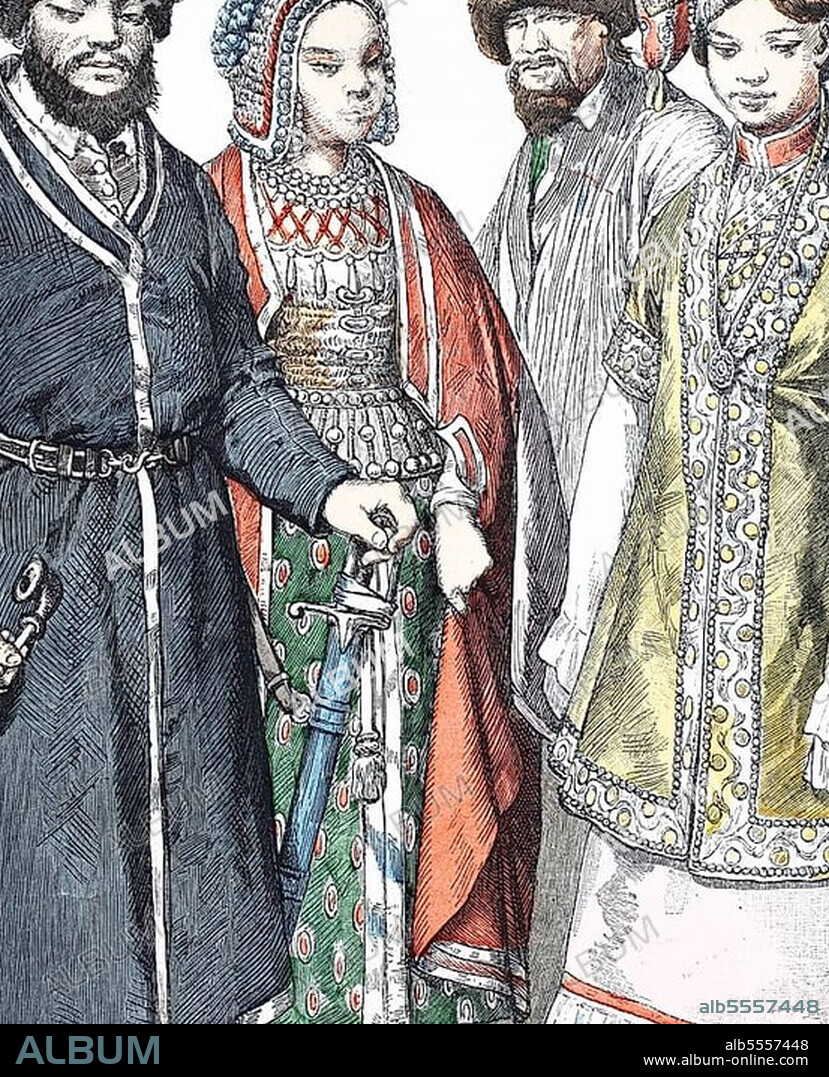 Folk traditional costume, clothing, history of costumes, Bashkirs, steppe dwellers and Tartars of Kazan, costumes from Asian Russia, 1885, digitally restored reproduction of a 19th century original, exact date unknown.