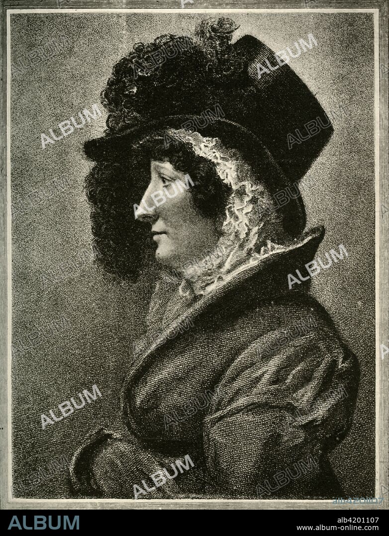 'Queen Caroline', 1820, (1928). Portrait of Caroline of Brunswick (1768-1821), queen consort of King George IV. 'From a drawing by Wageman. Engraving dated June 28th, 1820'. Illustration originally published in "The Diary of Philipp von Neumann" by E Beresford Chancellor, [Philip Allan]. From "The Bookman - Special Christmas Number 1928". [Hodder & Stoughton Ltd, London, 1928].