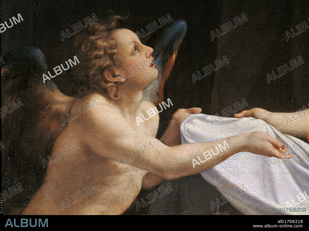 Jupiter and Dana, by Antonio Allegri known as Correggio, 1531-1532 about, 16th Century, oil on canvas, cm 161 x 193. Italy, Lazio, Rome, Borghese Gallery. Detail. Close up face angel sheet wings arms. Authorization required for non editorial use.