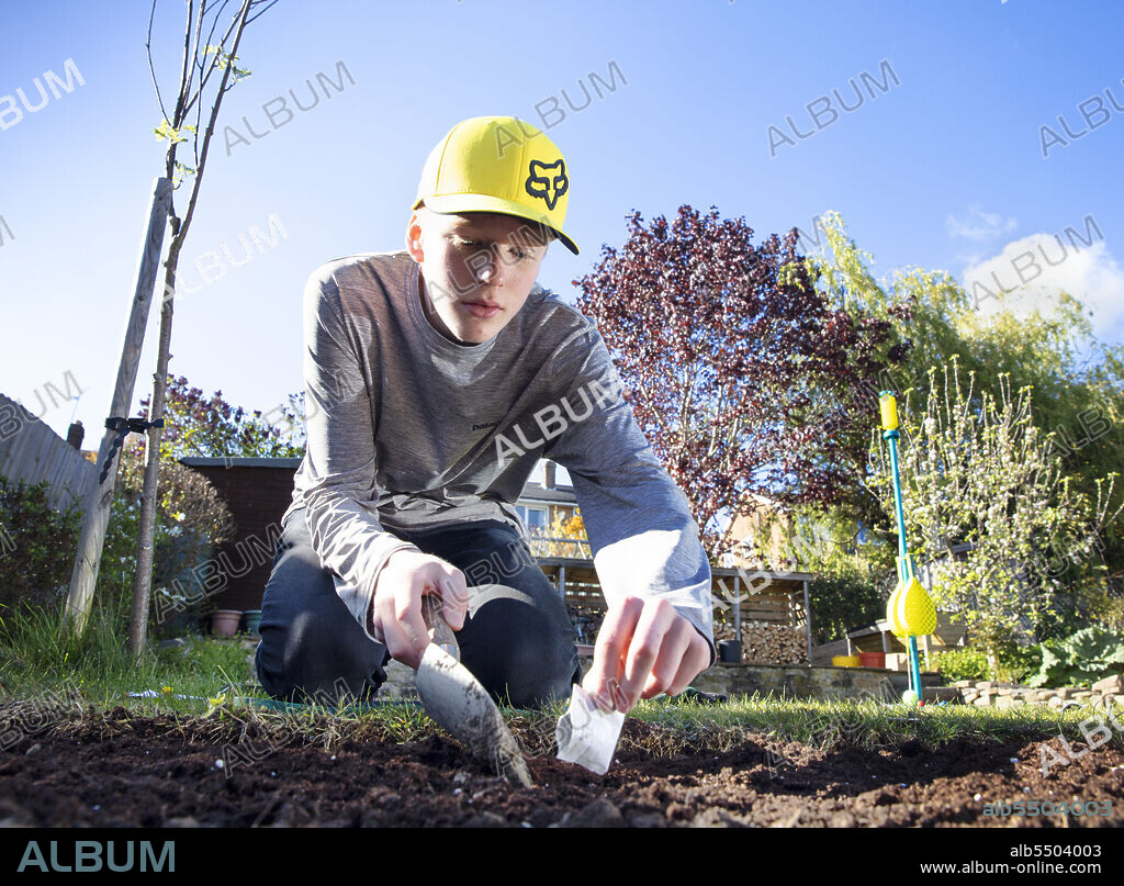 ALUN BULL. A teenage boy planting vegetable seeds in the back garden of his home during the Covid-19 lockdown, due to the difficulty of getting food deliveries. The Picturing Lockdown Collection was created during April and May 2020, in response to the Covid-19 pandemic. During seven days the public were asked to submit photographs that they felt best represented their experiences of lockdown in England, and from these submissions one hundred representing all the different geographic regions were chosen to be archived with Historic England. Alongside these images, ten artists were commissioned to produce their own images over the course of five days, representing their lockdown experience. These were supplemented with images by Historic England’s own photographers. Together, the Picturing Lockdown collection forms a permanent visual record of this unusual time in history.  This photograph is one of fifty taken by Historic England's staff photographers. It was taken at 18.13 on 2nd May 2020.
