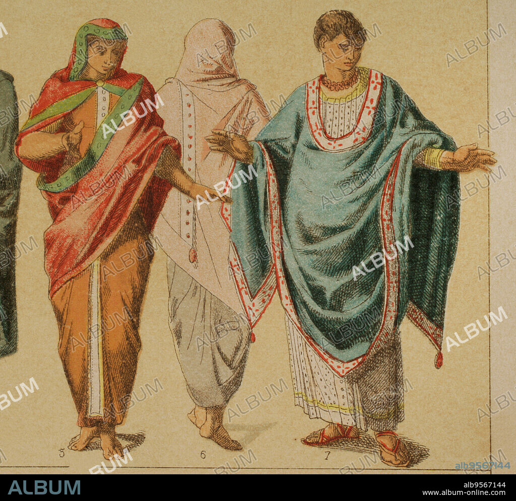 Etruscans. Clothing. From left to right: 5 and 6- hooded women's coats, 7- chiton. Chromolithography. "Historia Universal", by César Cantú. Volume II, 1881.