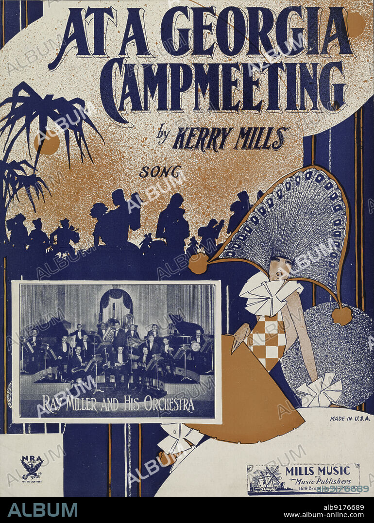 'At a Georgia camp meeting', 1937. '...by Kerry Mills; Song; Ray Miller and his Orchestra'. From a collection of sheet music, some examples of which depict African Americans in a derogatory way. Other examples are songs by white musicians purporting to be black.