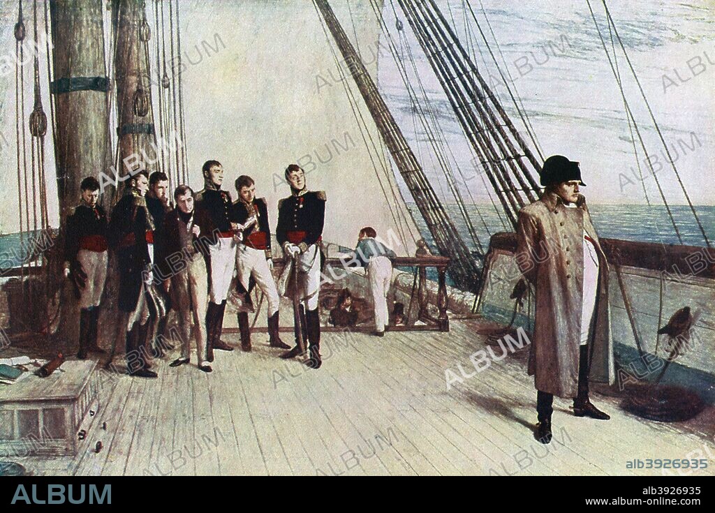 'Napoleon on Board the Bellerophon', 1815, (1880). In 1815, Napoleon Bonaparte (1769-1821) surrendered to a British naval officer, Captain Maitland of the HMS 'Bellerophon', and was taken to Torbay in Devon. Illustration from Story of the British Nation, Volume III, Walter Hutchinson, (London, c1920s).