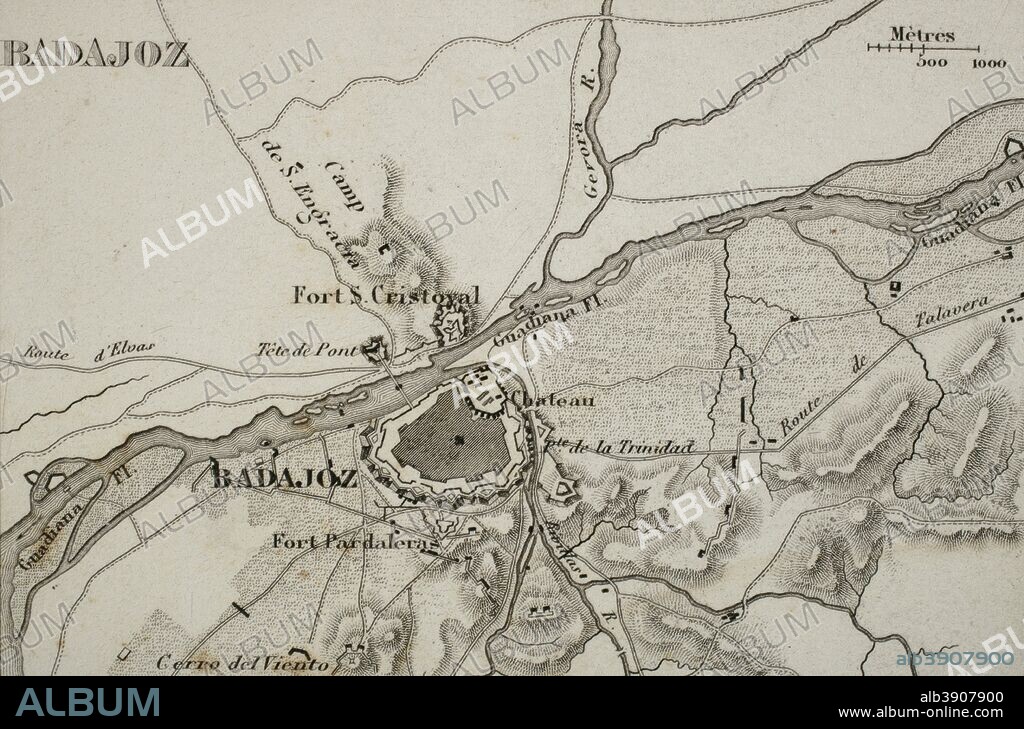 Napoleonic map. City of Badajoz, Extremadura, Spain. Peninsular War. Badajoz was sieged four times between 1811 and 1812 (Napoleonic Wars). Atlas de l'Histoire du Consulat et de l'Empire History of the Consulate and the Empire of France under Napoleon by Marie Joseph Louis Adolphe Thiers (1797-1877). Drawings by Dufour, engravings by Dyonnet. Edited in Paris, 1864.