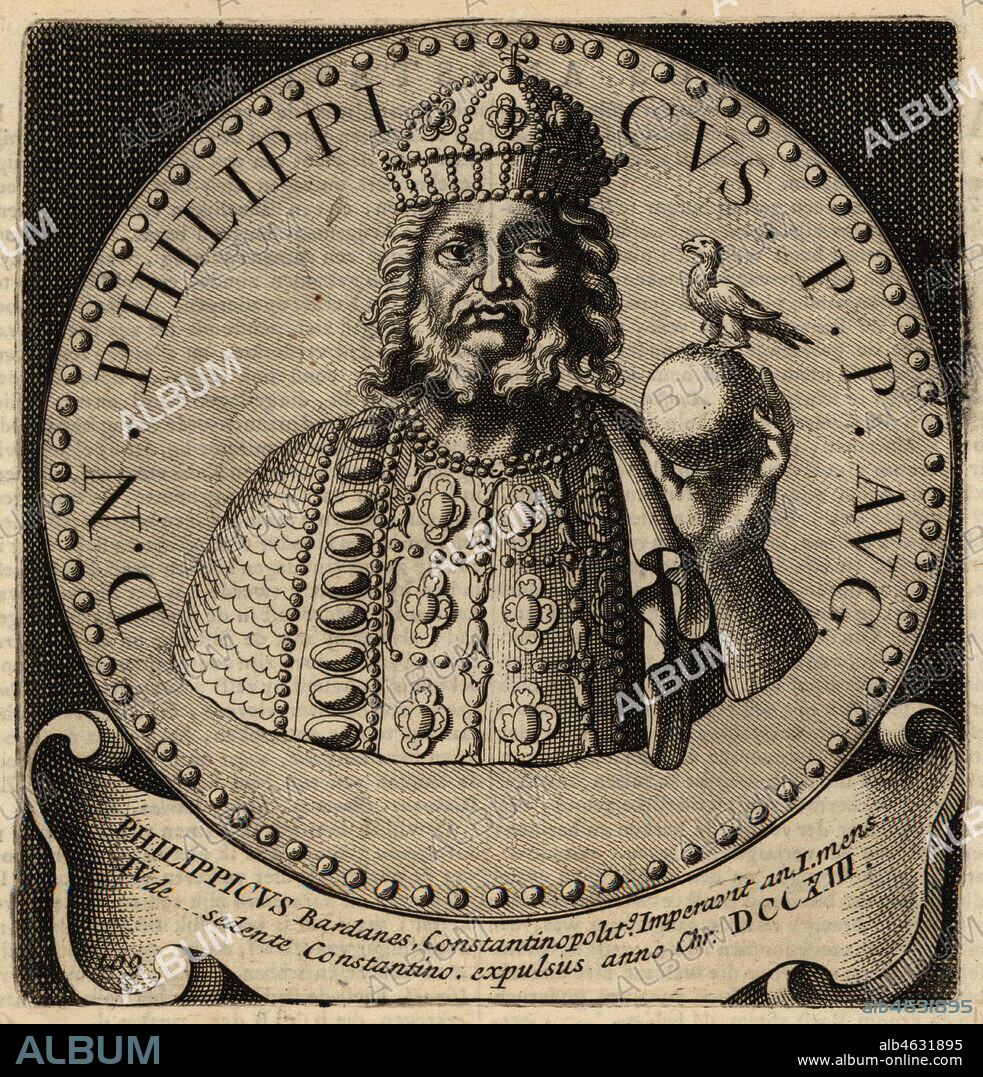 Byzantine Emperor Philippikos or Philippicus, Bardanes, died 713. Copperplate engraving from Abraham Bogaerts De Roomsche Monarchy, The Roman Monarchy, Francois Salma, Utrecht, 1697.