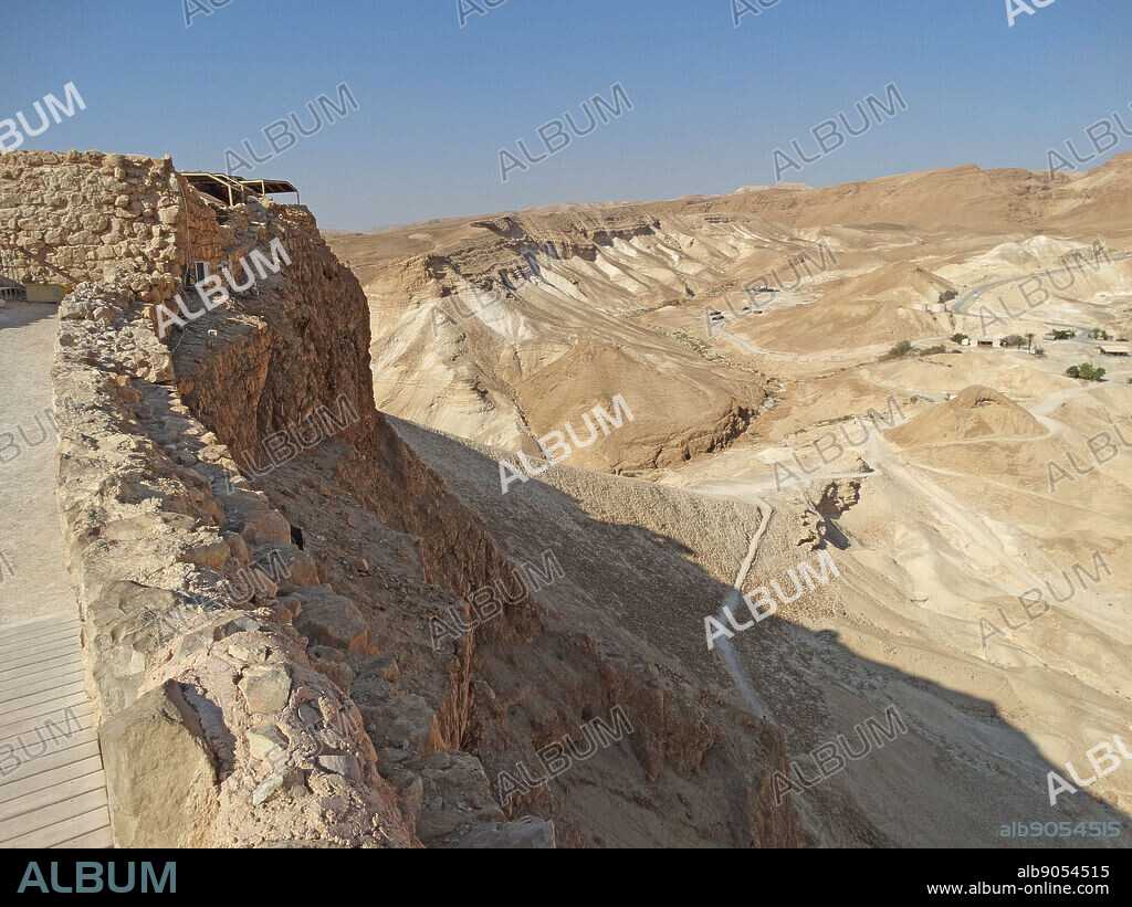 Roman ramp built to assault Masada; an ancient fortification in the Southern District of Israel situated on top of an isolated rock plateau on the edge of the Judean Desert; overlooking the Dead Sea.