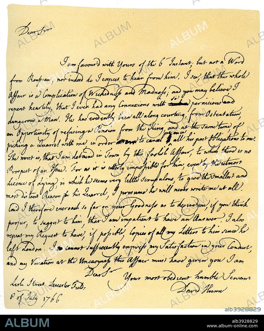 Letter from David Hume to Richard Davenport, 8th July 1766. Letter written from London by David Hume to Richard Davenport, with reference to a proposal to obtain a pension from the English Government for Jean-Jaques Rousseau, and on the ingratitude and aminosity of Rousseau towards him. From the third series of Facsimiles of royal, historical, literary and other autographs in the Department of Manuscripts, British Museum: Series I-V, (London, 1899).
