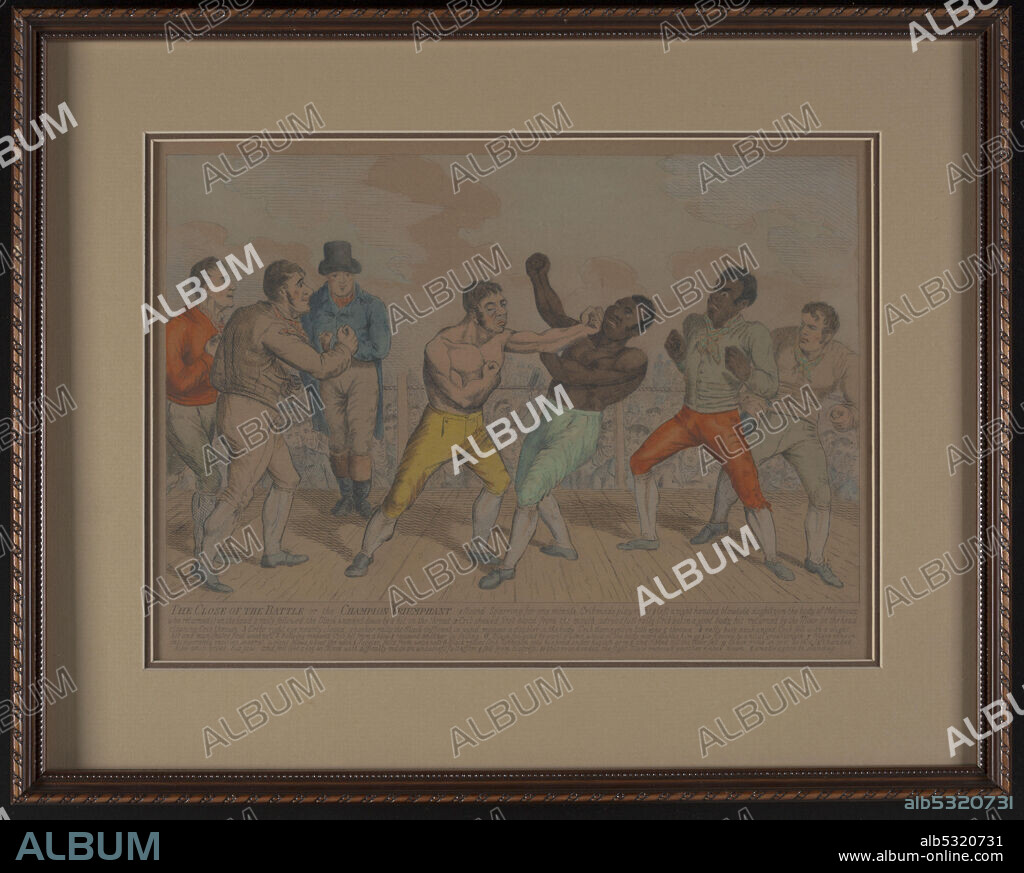 A framed etching with watercolor print depicting a bare knuckle boxing match between Tom Molineaux and Tom Cribb that took place on September 28, 1811. Molineaux and Cribb are depicted shirtless. The scene shows Cribb landing a punch on Molineaux. Five people are shown to be watching. A description of the scene appears below image. The back of the frame has sticker on it with an inscription about provenance.