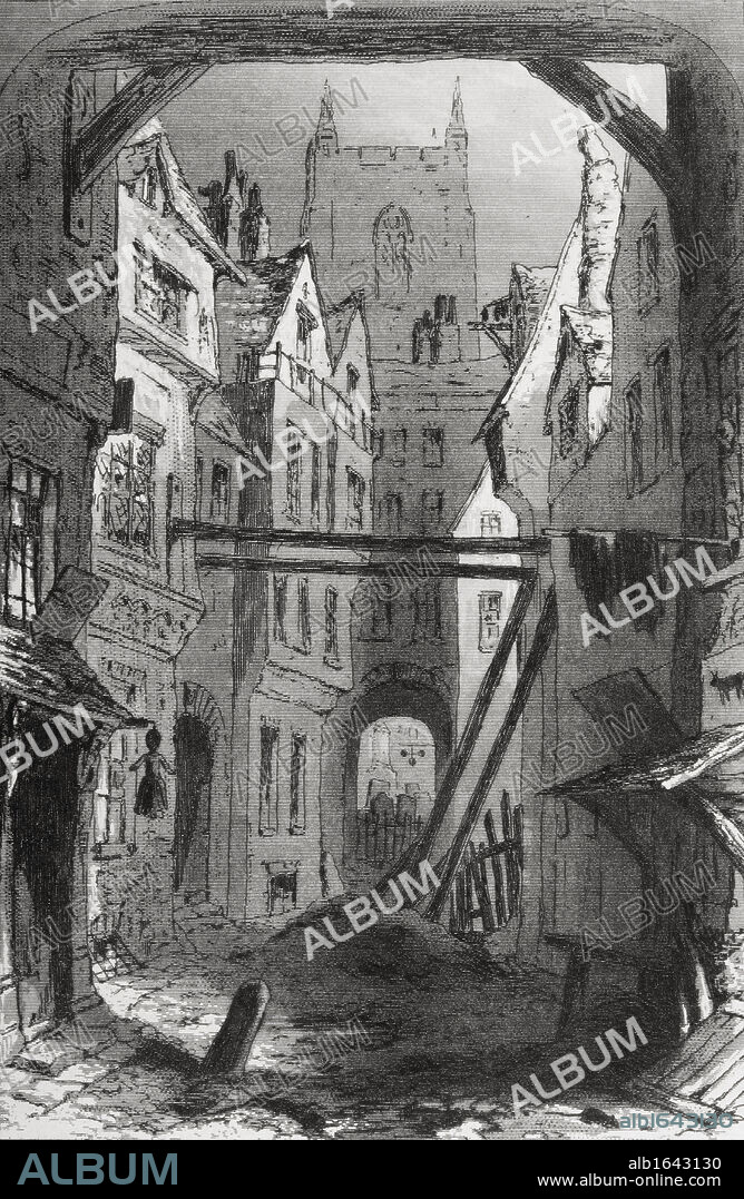Tom all alone's. Illustration by Phiz (Hablot Knight Browne) 1815-1882. From the book "Bleak House" by Charles Dickens. Published London 1853.