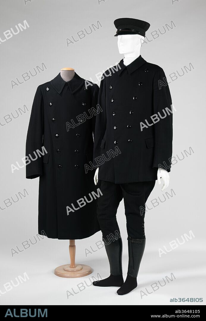 Uniform. Culture: American. Designer: John Patterson & Co. (American, founded 1852). Date: 1928.
This handsome chauffeur's uniform and its coordinate pieces are emblematic of the life of high society in the late 1920s when wealthy families had private staff that included smartly dressed chauffeurs, maids and cooks. The manufacturer, John Patterson & Company, had both Fifth Avenue, New York, and Bellevue Avenue, Newport, R.I., addresses, two of the most prestigious locations in America at that time.