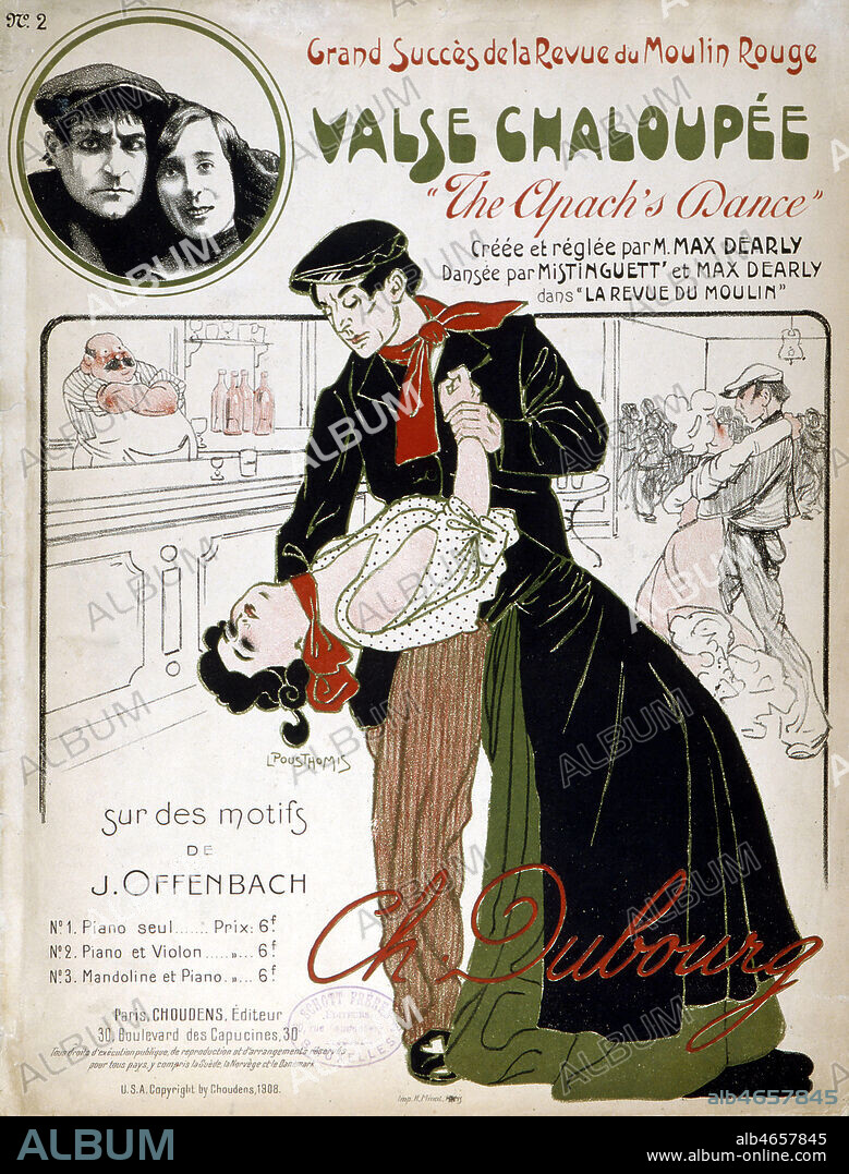 'Grand succes de la revue du Moulin Rouge : Valse chaloupee. Creee par Max DEARLY, dansee par MISTINGUETT (1875-1956)'. Partition illustree vers 1910. Credit Collection Kharbine Tapabor.