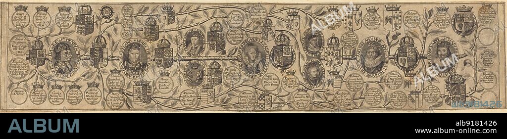 Family Tree with Portraits of Henry VII, Henry VIII, Elizabeth, James, and Charles.
