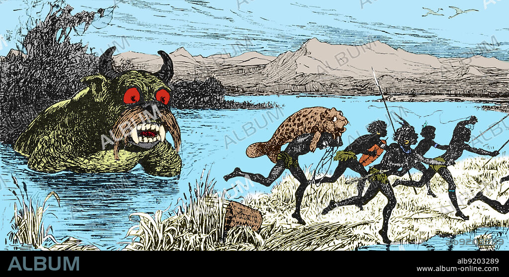 The bunyip is a devil or evil creature from the aboriginal mythology of southeastern Australia, said to lurk in swamps, billabongs, creeks, riverbeds, and waterholes. Numerous tales of the bunyip appeared in the 19th and early 20th centuries. One of the earliest known is a story in Andrew Lang's The Brown Fairy Book (1904), in which this illustration by Henry Justice Ford appears. Colorized.