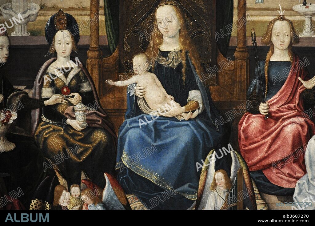 Maestro de la Leyenda de Santa Úrsula y taller (activo en Colonia, hacia 1480/1490-hacia 1510/1515). La Virgen María con Mujeres Santas. De izqda. a dcha., Santa Catalina, Santa Dorotea, Santa María Magdalena, Santa Apolonia, Santa Agnes y Santa Bárbara. Hacia 1485. Detalle. Museo Wallraf-Richartz. Colonia. Alemania.