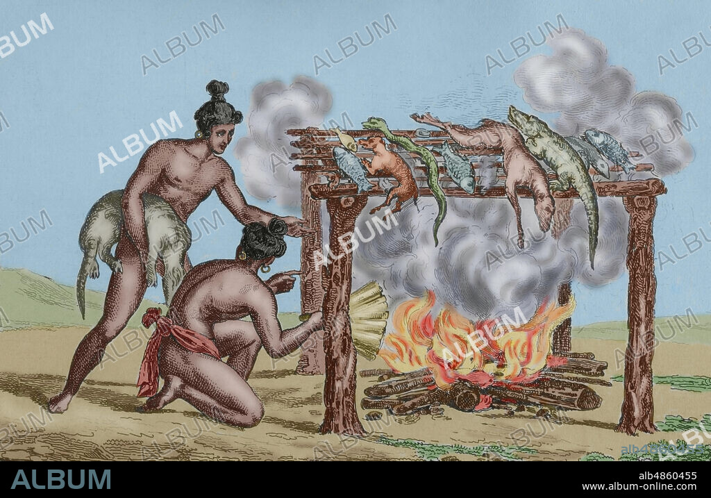 Historia de los Estados Unidos de América. Expedición francesa del siglo XVI. Florida. Los indios Timucua. Modo de ahumar la caza. Jacques Le Moyne de Morgues (1533-1588) realizó las ilustraciones durante la expedición. Grabado inspirado en un dibujo original de Jacques Le Moyne. Panorama Universal. Historia de los Estados Unidos de América, por Roux de Rochelle. Edición española, impresa en Barcelona,1850. Coloreado.