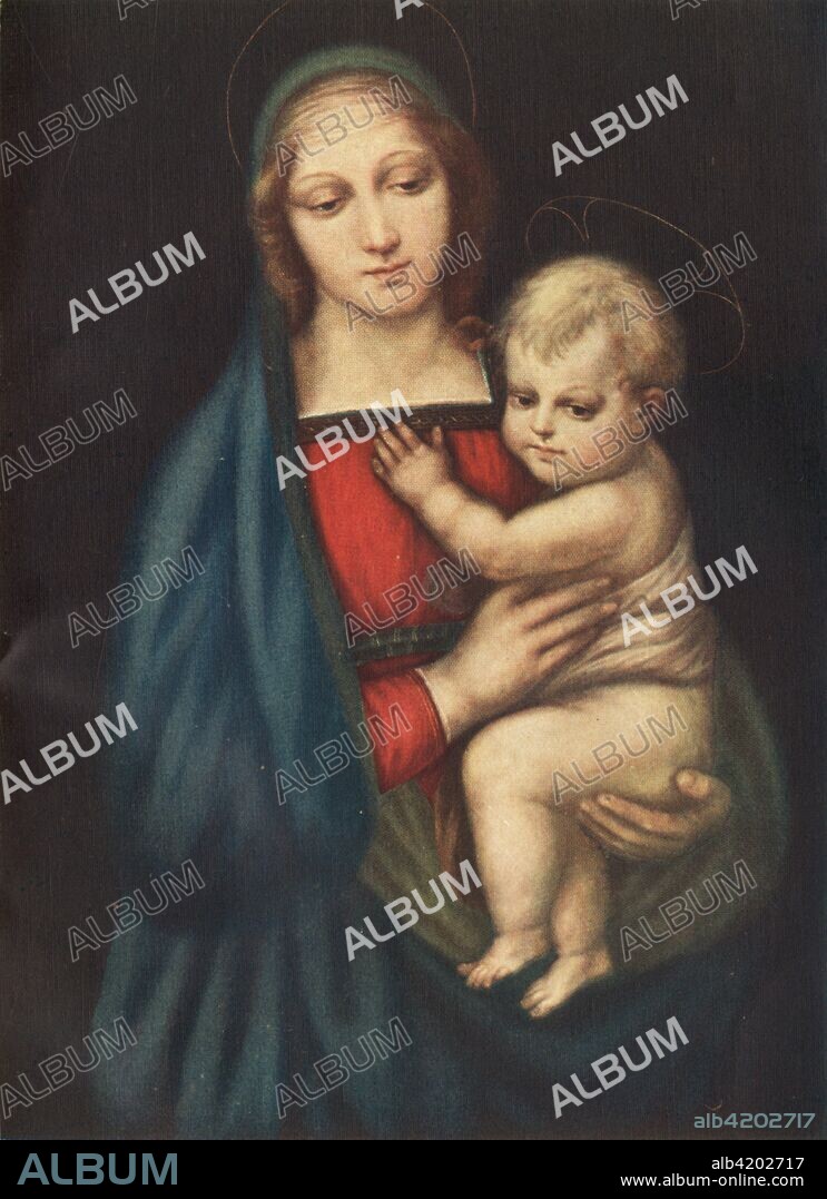 'The Madonna Del Gran Duca', 1505, (c1912). 'Madonna del Granduca', painting in the Galleria Palatina, Florence, Italy. The painting belonged to Ferdinand III, Grand Duke of Tuscany, hence its name. Italian High Renaissance painter and architect Raffaello Sanzio da Urbino (1483-1520), known as Raphael, left a large body of work despite his death at 37. He spent time in Florence, as well as twelve years in Rome working for two Popes. He made frescoes and oil paintings on religious and mythological subjects as well as portraits, and also produced plans for St Peter?s Basilica in Rome. He is regarded as one of the most important artists of his time, with his work being held in museums and galleries around the world. Illustration from Raphael - Masterpieces in Colour, by Paul G Konody. [TC & EC Jack, Frederick A Stokes Co, London & New York, c1912].