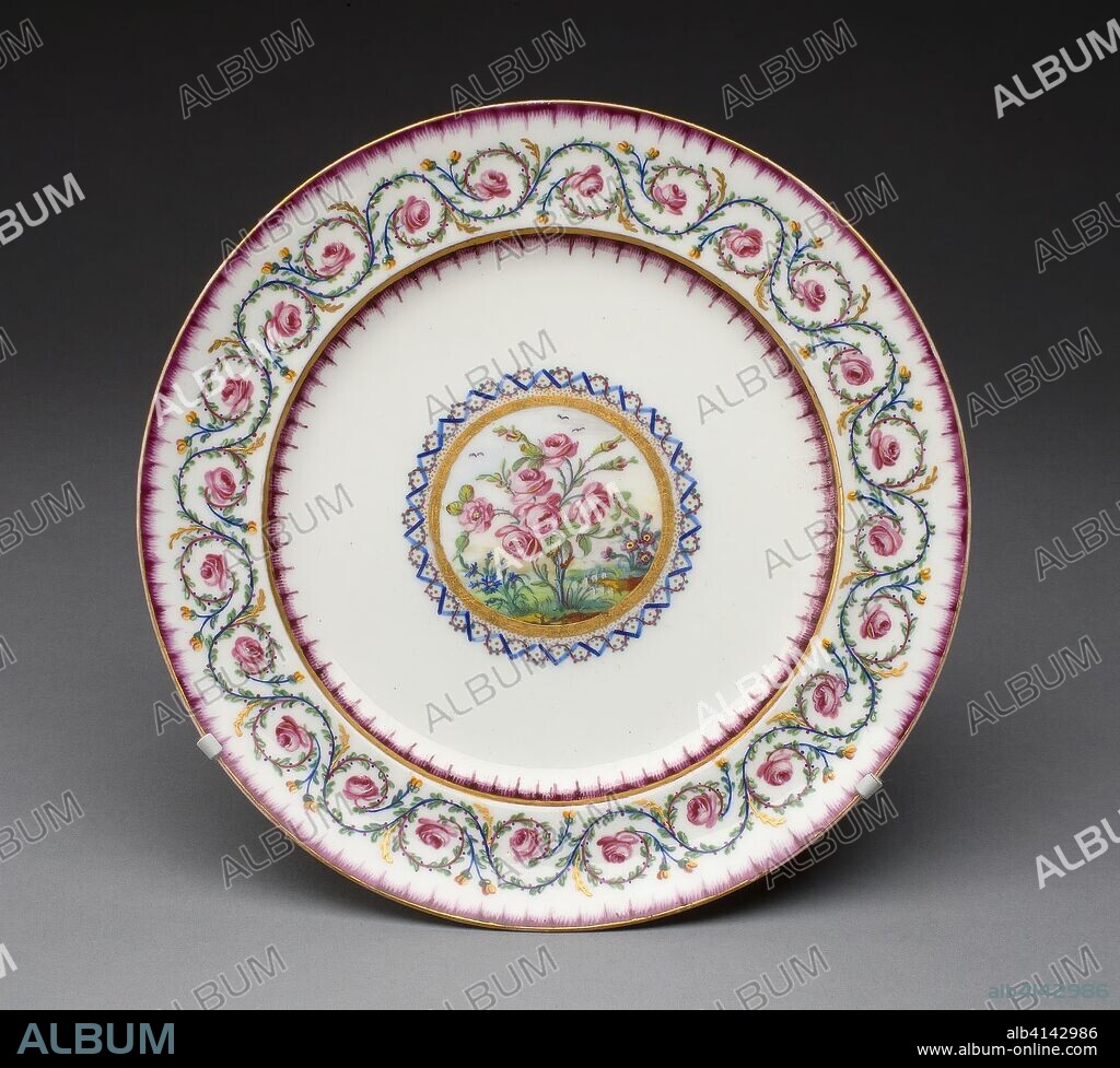 MANUFACTURE NATIONALE DE SEVRES. Sample Plate. Sèvres Porcelain Manufactory; French, founded 1740; Painted by Charles-Nicolas Buteux; French, active 1763-1801. Date: 1790. Dimensions: Diam. 23.5 cm (9 1/4 in.). Soft-paste porcelain, polychrome enamels, and gilding. Origin: Sèvres.