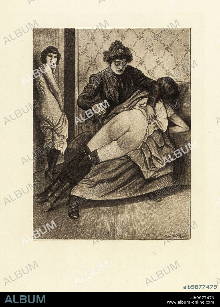 Edwardian teacher spanking a girl's naked buttocks on a sofa. Another girl watches with fascination. Photogravure after an illustration by Louis Malteste from Jacques dIcys Qui Aime Bien ou la flagellation dans la vie moderne, Jean Fort, Paris, 1912.