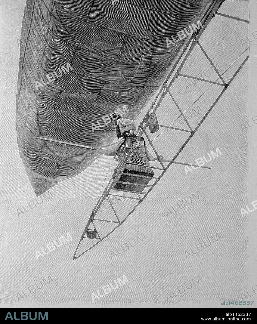 Alberto Santos-Dumont (1873-1932). Brazilian aviation pioneer and engineer. Santos-Dumont flying in a dirigible. Engraving in  'L'Illustration' (1901).