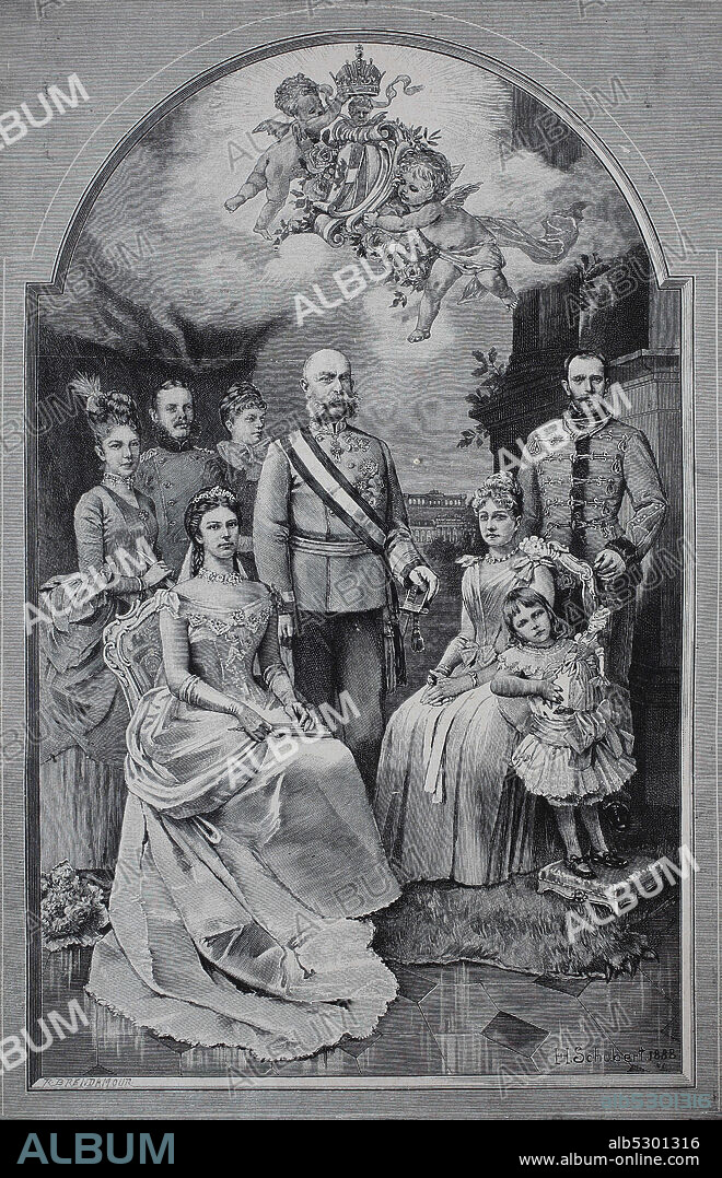 Empress Elisabeth of Austria, Franz Joseph I, Archduchess Marie Valerie, Archduchess Gisela, Stephanie and Elisabeth, Leopold of Bavaria, Archduke Rudolf,   /  Kaiserin Elisabeth von Österreich, Franz Joseph I., Erzherzogin Marie Valerie, Erzherzogin Gisela, Stephanie und Elisabeth, Leopold von Bayern, Erzherzog Rudolf, Historisch, digital improved reproduction of an original from the 19th century / digitale Reproduktion einer Originalvorlage aus dem 19. Jahrhundert.