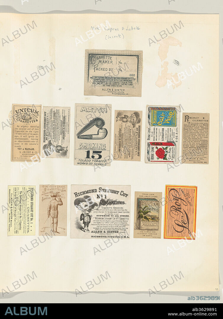 Album page with twelve tobacco coupons and labels. Dimensions: Sheet: 15 in. × 12 1/2 in. (38.1 × 31.8 cm). Date: ca. 1888.
Album page containing twelve miscellaneous tobacco coupons and labels, including brands such as Allen & Ginter, Toledo Tobacco Works Co., P. Lorillard Co., S. Jacoby & Co., H. Ellis & Co., and The Pinkerton Tobacco Co.