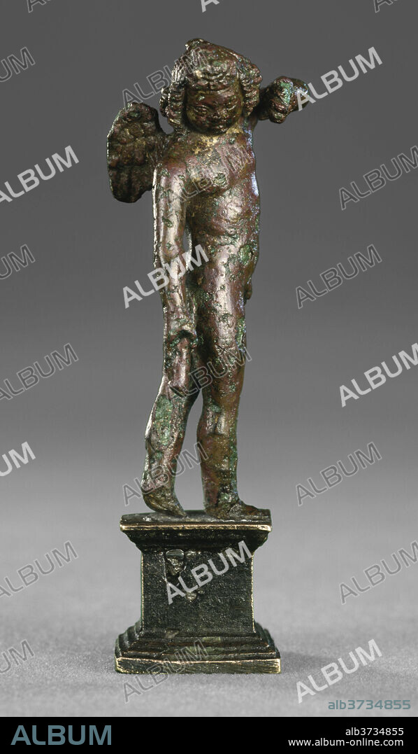 ROMAN 1ST CENTURY B. C. / 1ST CENTURY A. D.. Winged Child Carrying a Torch. Dated: 1st century B.C.-1st century A.D.. Dimensions: overall: 10.6 x 3.4 x 3.5 cm (4 3/16 x 1 5/16 x 1 3/8 in.)  accessory size (height): 2.4 cm (15/16 in.). Medium: bronze//Black lacquer (rubbed on torso) over red-brown bronze, copper base filled with lead.