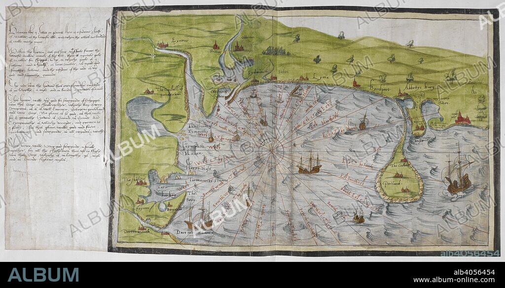 CHRISTOPHER SAXTON. Coloured manuscript map of the south coast of Devon and Dorset, from Dartmouth to Weymouth, with a description of Ottermouth Haven. Lord Burghley's Atlas. London; 1579. SAXTON, SAXTON's. Source: Royal 18 D. III, ff.9v-10. Language: English.