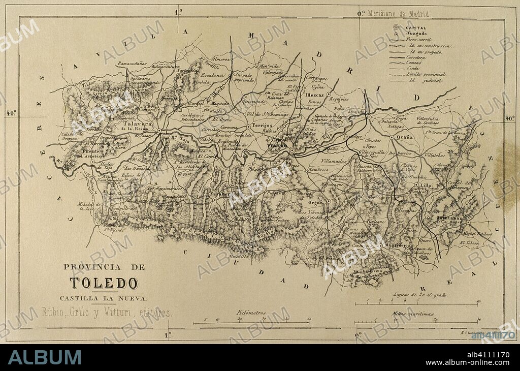 Mapa de la Provincia de Toledo. Crónica General de España, Historia Ilustrada y Descriptiva de sus Provincias. Castilla-La Nueva, 1869. Biblioteca Histórico Militar de Barcelona, Cataluña, España.