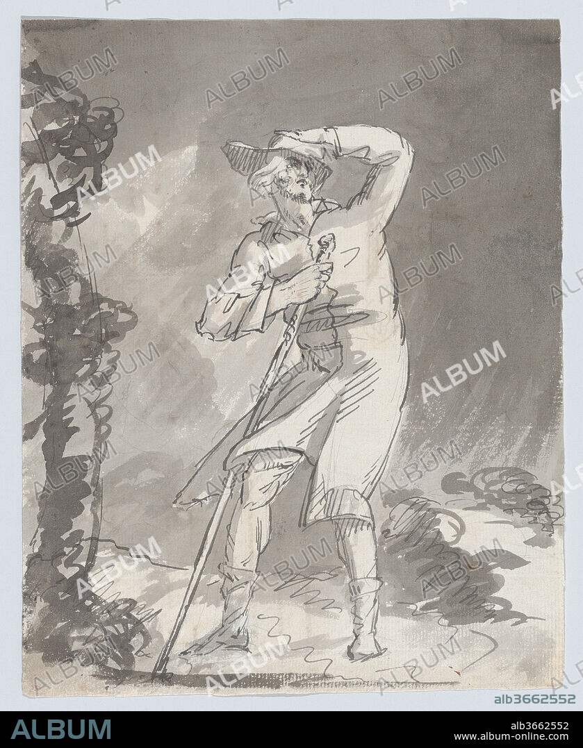 Male Traveler in a Storm (recto); Anatomical Studies of a Foot (verso). Artist: William Hamilton (British, London 1751-1801 London). Dimensions: Sheet: 9 7/16 × 7 9/16 in. (24 × 19.2 cm). Subject: May relate to William Shakespeare (British, Stratford-upon-Avon 1564-1616 Stratford-upon-Avon). Date: 1770-80.
Hamilton belonged to a generation determined to expand the scope of the arts in Britain. He traveled to Rome as a teenager to study with Antonio Zucchi, returned to England to make decorative paintings for Robert Adam, then entered the Royal Academy Schools in 1769. From that point forward he focused on historical and literary subjects, together with portaits. This windblown figure may represent Edgar in Shakespeare's "King Lear.".