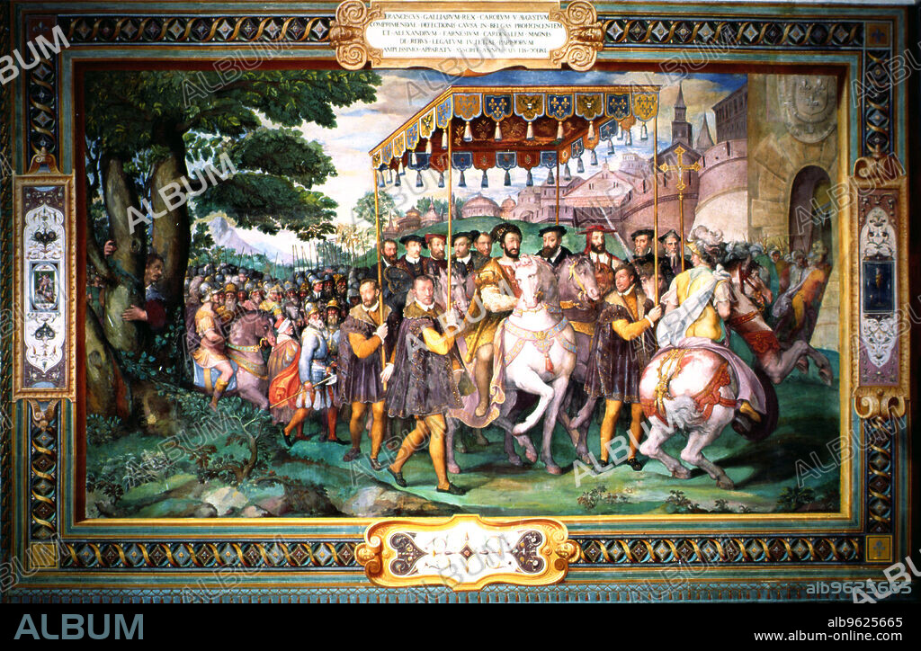 Solemn entry of Francis I of France, Emperor Charles V, and Cardinal Alessandro Farnese in Paris in 1540.