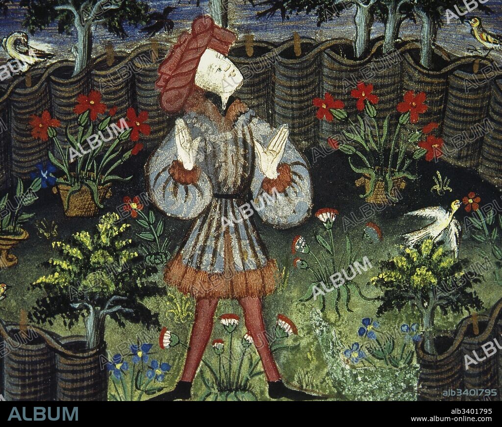 Edad Media. Literatura. Amor cortés. " Un poeta busca inspiración en un jardín". Manuscrito: Un Songe mis en Livre par Georges de Chasteaulens. Miniatura del Maestro del autor del Libro de Horas del Pierre II de Bretange, 15th century. Escuela Francesa. Museo Condé. Castillo de Chantilly. Francia.