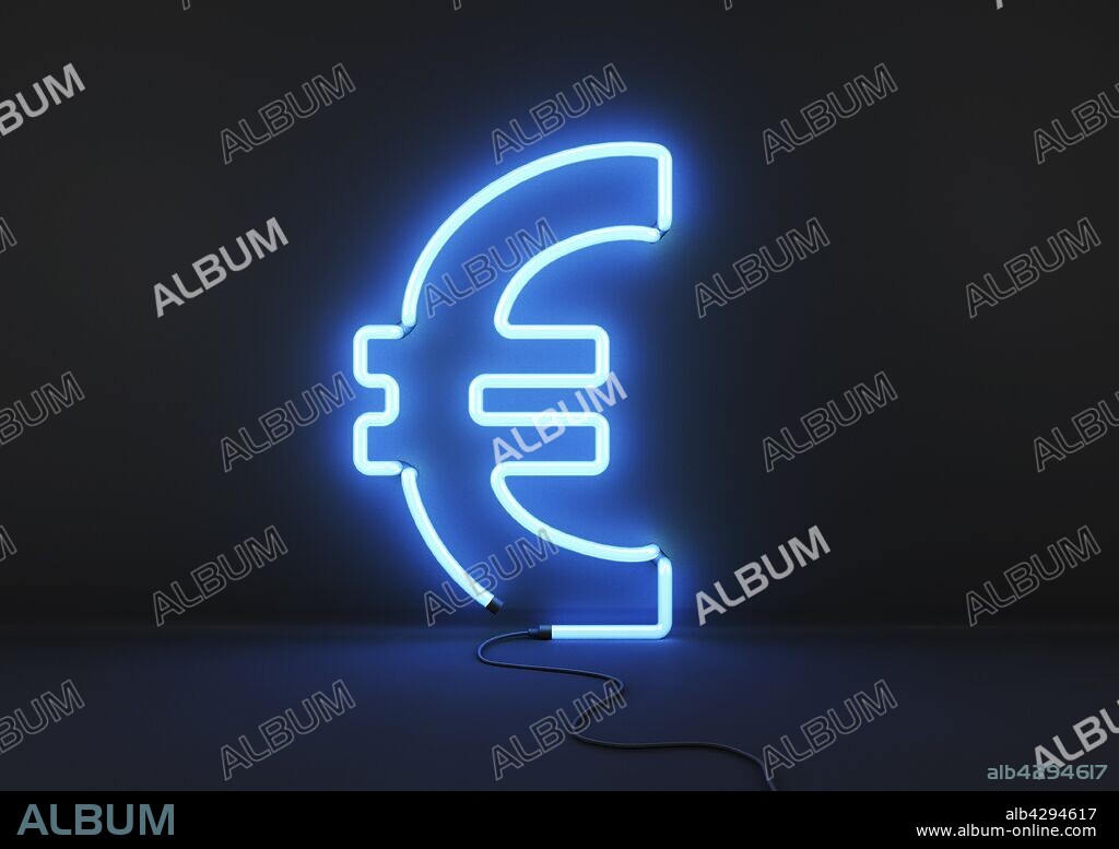 Neon blue euro sign on black background.