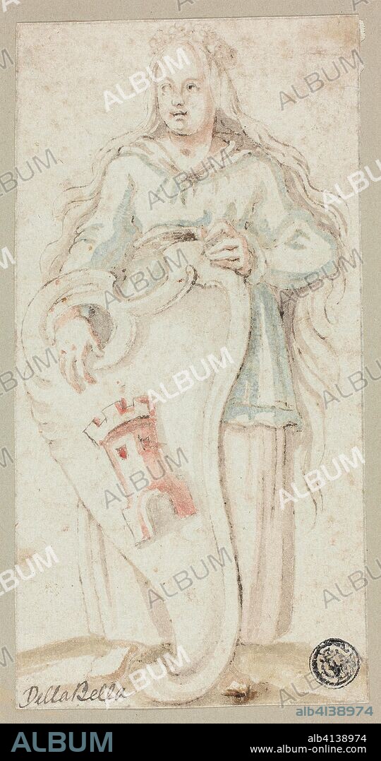 Saint Barbara. Stefano della Bella; Italian, 1610-1664. Date: 1630-1664. Dimensions: 144 x 74 mm. Pen and brown ink, with brush and green, red, brown, and pink washes, on ivory laid paper, tipped onto gray card. Origin: Italy.