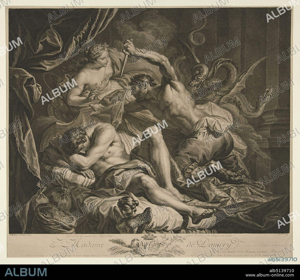 Engraver: Jacques-Claude Danzel, French, 17371809, After: Jean Dumont, French, 17011781, Lyncus veut Assasiner Triptoleme, Ceres LArrete et le change en Lynx, Engraving, image: 36.9 × 46.1 cm (14 1/2 × 18 1/8 in.), Made in France, French, 18th century, Works on Paper - Prints.
