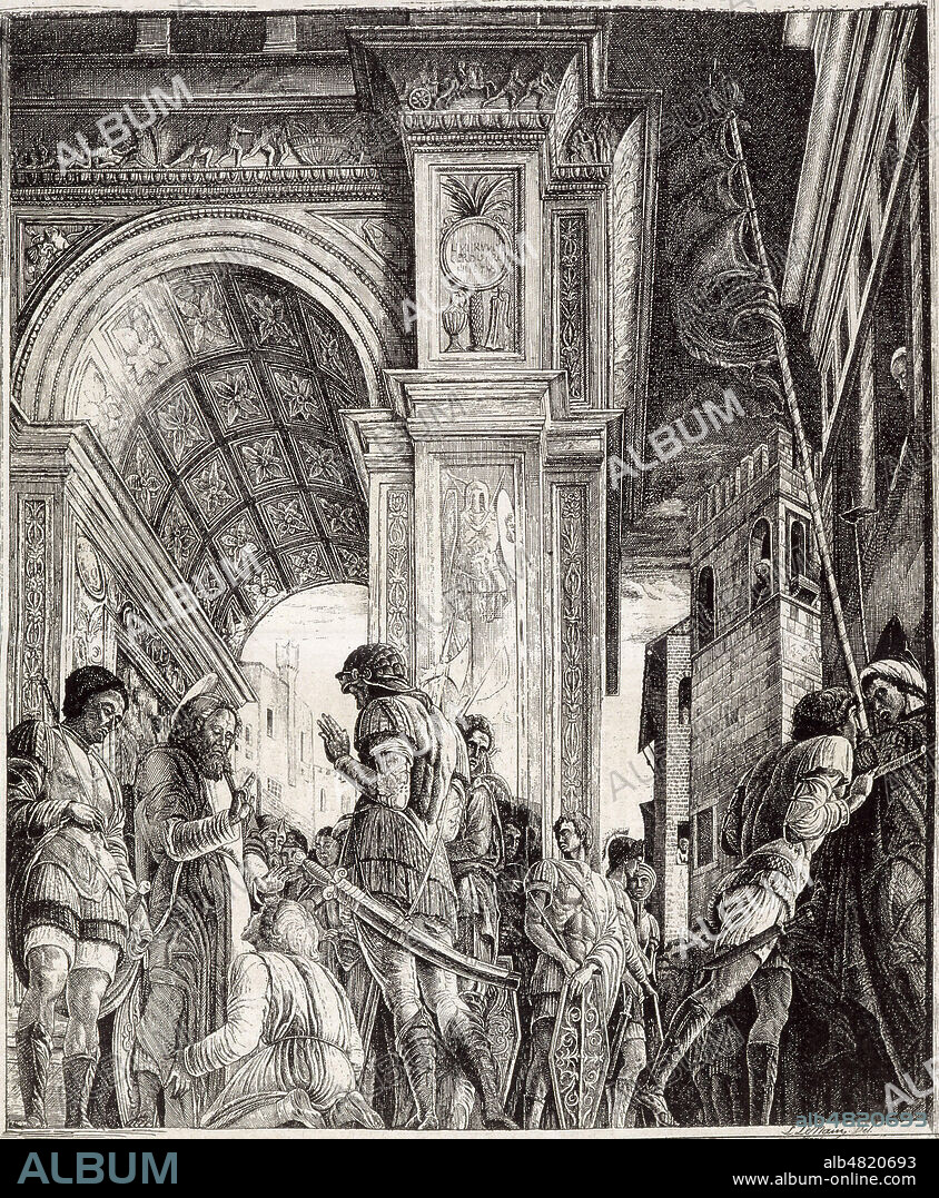'Saint Jacques, patron des pelerins, se rend au supplice en faisant des miracles sur le chemin'. Gravure d'apres une fresque de MANTEGNA (1431-1506) tiree du Pelerin en 1879. Credit : Collection KHARBINE-TAPABOR.