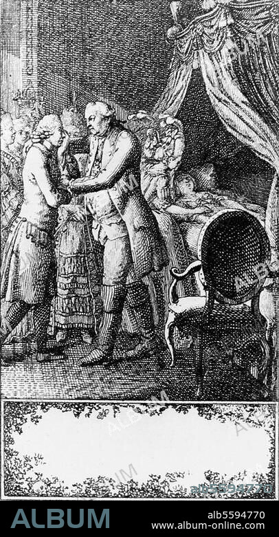 Hermes, Johann Timotheus; Schriftsteller; 1738-1821. Werke: Sophiens Reise von Memel nach Sachsen (1770/75). "Und wir Grausamen haben sie vom Sterbebette entfernt". (Ill. zu Bd. 5, Geschichte des Predigers Gros, S. 289). Radierung, 1776, von Daniel Chodowiecki (1726-1801). 9 × 4,9 cm.