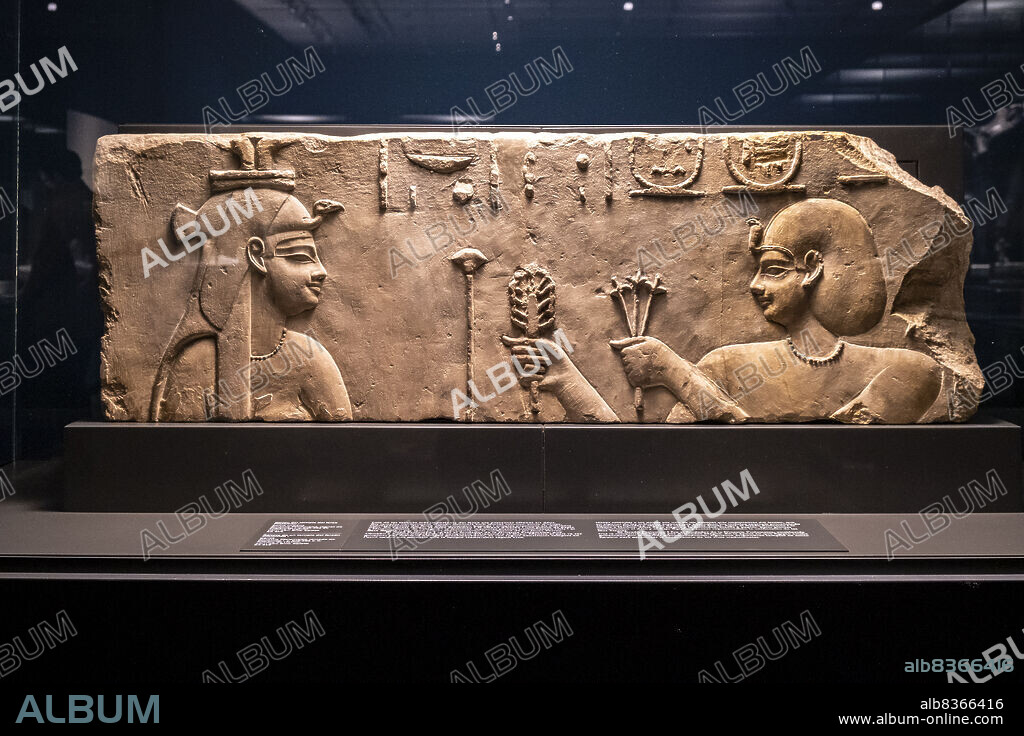 relief of the temple of pharaoh Ptolemy I, limestone, Ptolemaic dynasty, Temple of Hathor, Kom Abu Billo, Egypt, collection of the British Museum.