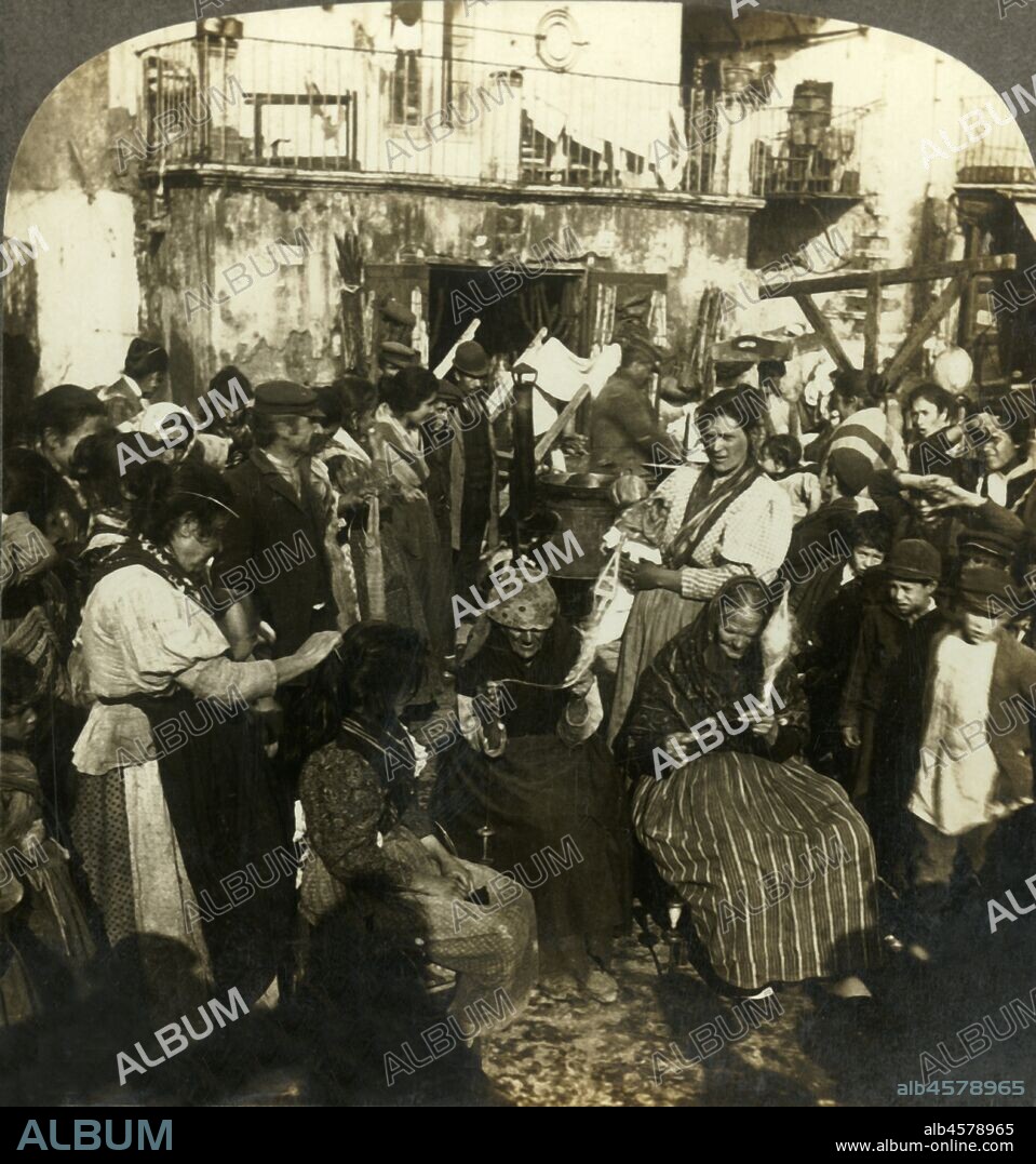 'The Lazzaroni, as they live in the streets of Naples, Italy', c1909. The Lazzaroni of Naples were the poorest of the lower class. To be viewed on a Sun Sculpture stereoscope made by Underwood & Underwood. [The Rose Stereograph Company, Melbourne, Sydney, Wellington & London, c1909].