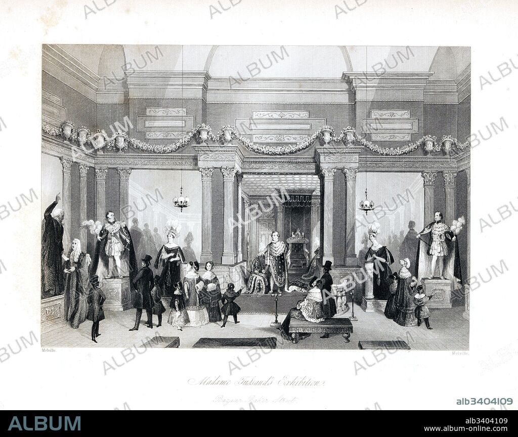 Madame Tussaud's Exhibition of waxworks, Bazaar Baker Street. Victorian tourists admiring the wax figures of royalty and celebrity in the museum. Steel engraving drawn and engraved by Henry Melville from London Interiors, Their Costumes and Ceremonies, Joshua Mead, London, 1841.