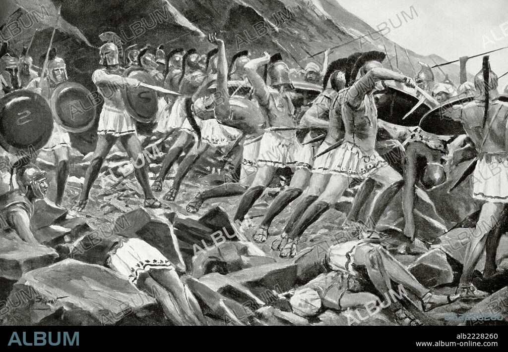 ALLAN STEWART (gemäß). Leonidas I (d. 480 BC). King of Sparta (490-480). Leonidas and the Three Hundred at Thermopylae. Greco-Persian Wars. Engraving in History of Nations.