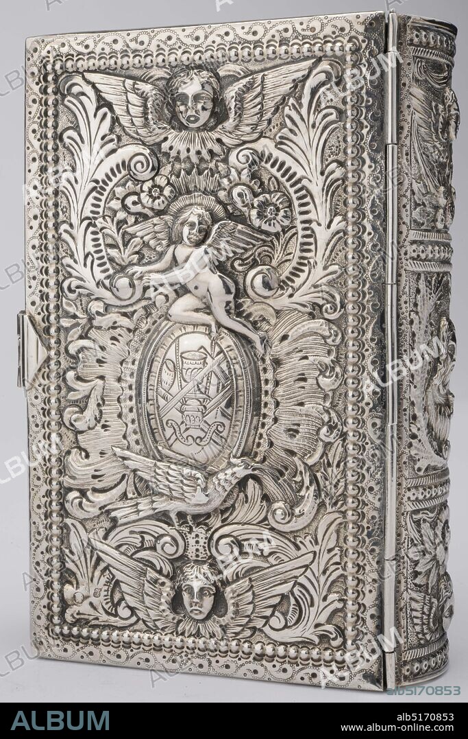 Johannes Desablijn, between 1807-1818, paper, silver, leather, General: 4.6 x 15.4 x 10.5 cm 46 x 154 x 105mm, bible, biblical representation, Silver book cover decorated in Louis XV style. The book binding consists of a hinged front and back cover and a lock, consisting of two brackets with a bracket. The front and back are decorated with a relief painting of a winged angel's head with an angel with leaf scrolls and floral motifs underneath, an oval shield with a debossed depiction, a bird and again a winged angel's head between curly tendrils. Around a pearl edge and a band with debossed, simple curl motifs. The oval shield on the front is filled with a representation of a miter, a cross and two chalices. The oval at the back with the tools of the Passion of Christ. The back is decorated with three scenes with Christ in a laurel wreath in the middle, and a winged angel's head above and below. The book cover contains an English prayer book with leather cover The Pocket Service = Book of the Church of England containing the Book of Common Prayer, published by Oxford University Press. In addition, two separate leaflets an Order of Confirmation and The Harmony of Holy Week, and seven English and German prayer cards, 1981.