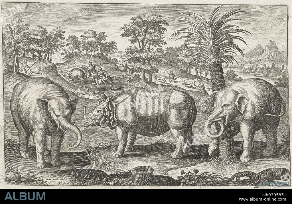 In the foreground a rhinoceros and two elephants. In the background, an elephant is being hunted. The print is part of a series with animals as subjects. Elephants and Rhino Four-legged Animals Animalivm Qvaddrvpedvm , print maker: Adriaen Collaert, (mentioned on object), Adriaen Collaert, publisher: Theodoor Galle, (mentioned on object), Antwerp, 1595 - 1599, paper, engraving, h 122 mm × w 192 mm.