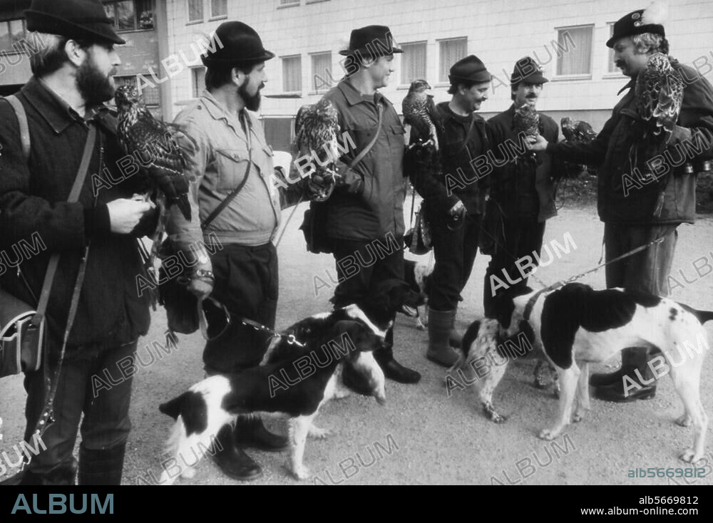 Jagd:. Falkenbeize. Beizjagd der 17 Falkner des Bezirkes Suhl (DDR), 20. November 1987. Foto.
