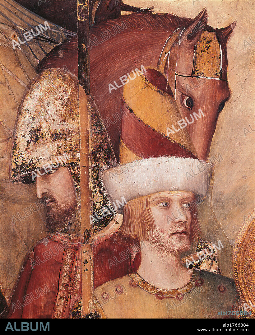 Scenes from the Life of St Martin St Martin Renounces his Weapons, by Simone Martini, 1315-1316 about, 14th Century, fresco, cm 265 x 230. Italy, Umbria, Perugia, Assisi, Papal Basilica of San Francesco, Lower Basilica. Detail. The faces of the two armed men behind St Martin horse soldiers clothing headdress headgear brown yellow green red brown hues shades.