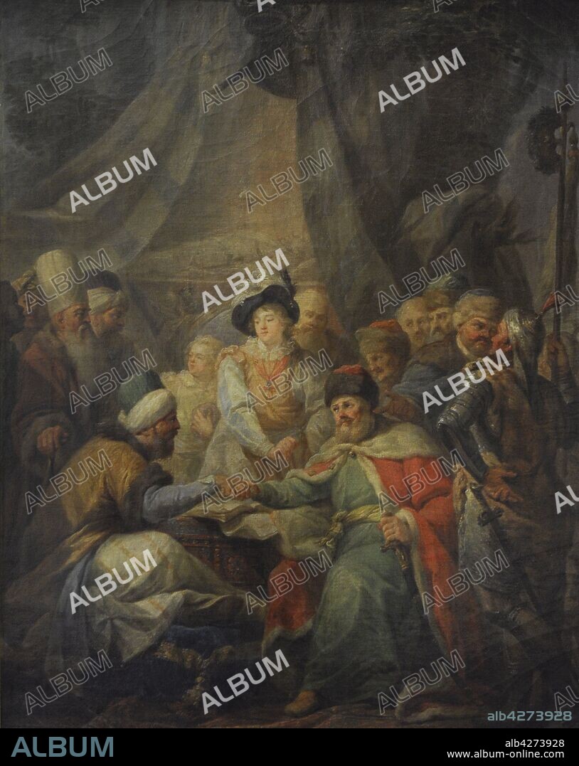 Treaty of Chocim (Khotyn). Signed on October 9, 1621, after the battle of the same name, end the Polish-Ottoman war (1620-1621). Painting by Marcello Bacciarelli (1731-1818), 1796. Oil on canvas. 19th Century Polish Art Gallery (Sukiennice Museum). National Museum of Krakow. Poland.